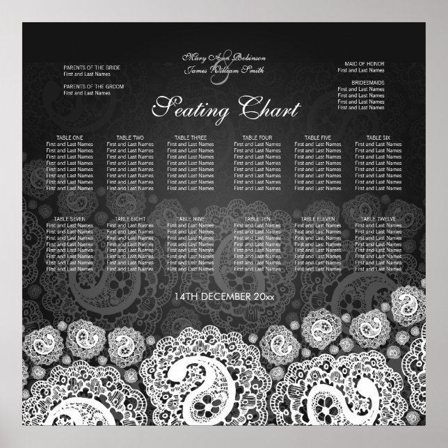 Elegantes Seating Chart Paisley Lace Black Poster (Vorne)