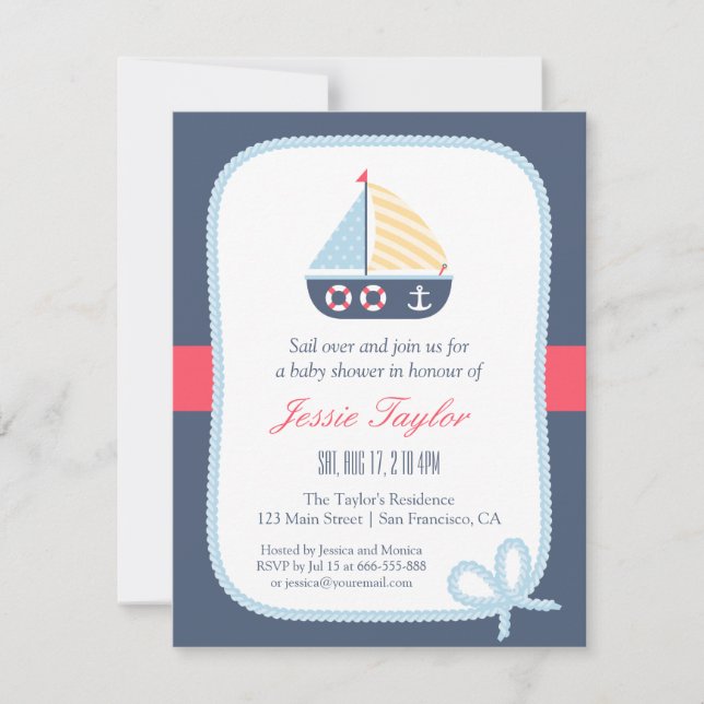 Elegantes Segelboot Nautical Baby Shower Einladung (Vorderseite)