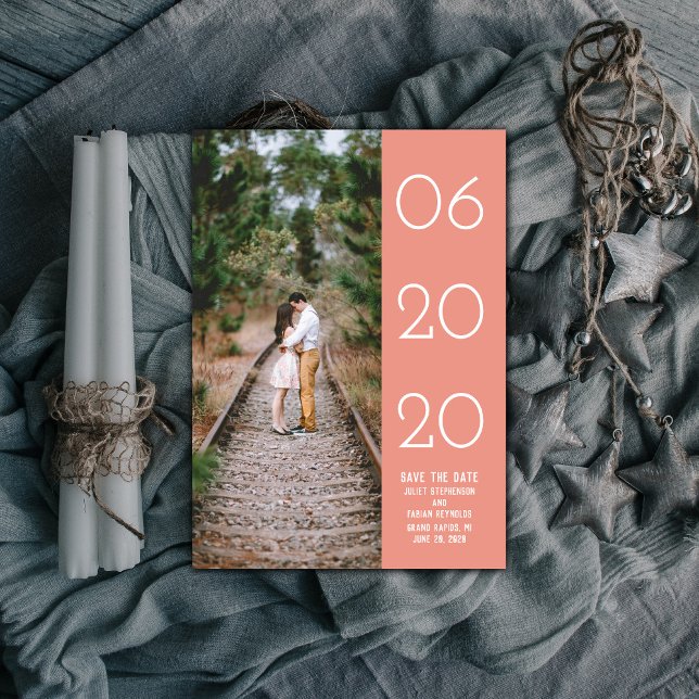 Elegantes seitliches Swept-Foto Save the Date | Ko (Coral Elegant Side Swept Photo Save the Date)