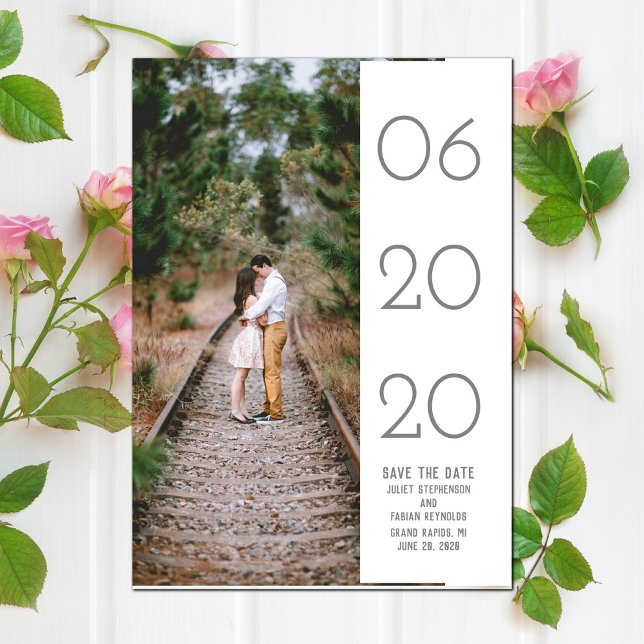 Elegantes seitliches Swept-Foto Save the Date | we (Elegant Side Swept Photo Save the Date - White)