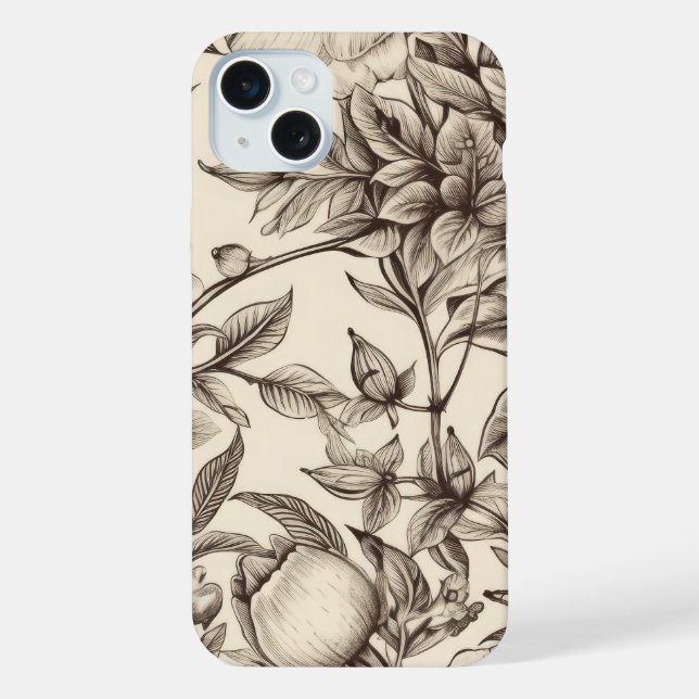 Elegantes Sepia-Botanik mit geschichteten Blumen iPhone 15 Plus Hülle (Rückseite)