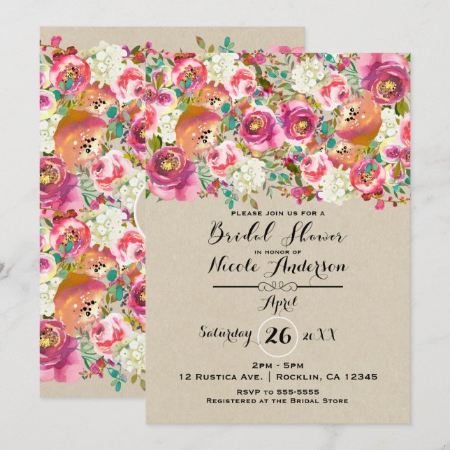 Elegantes Shabby Chic-Brautparty für Floral und Kr Einladung (Vorne/Hinten)