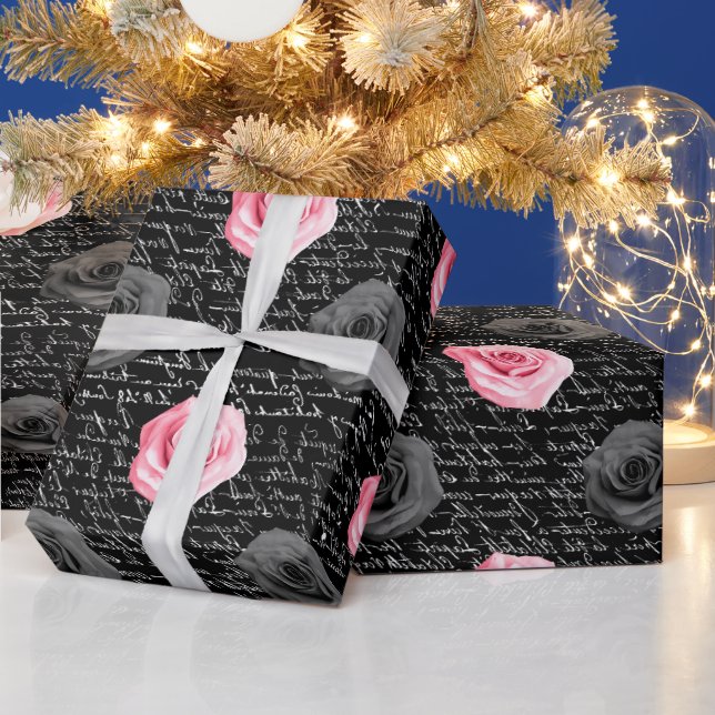 Elegantes Shabby Chic Rosa Rosen und Handschrift Geschenkpapier (Feiertage)
