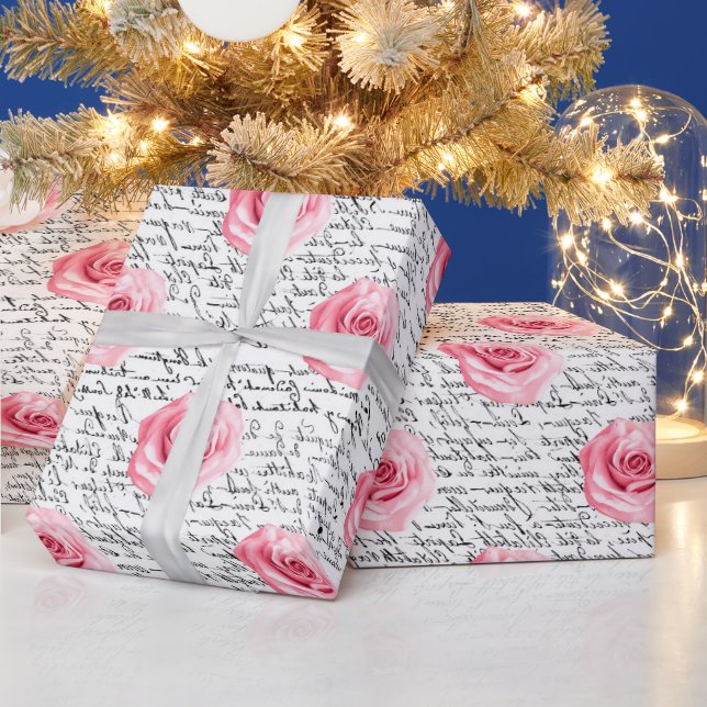Elegantes Shabby Chic Rosa Rosen und Handschrift Geschenkpapier (Feiertage)