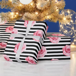 Elegantes Shabby Chic Rosa Rosen und Streifen Geschenkpapier