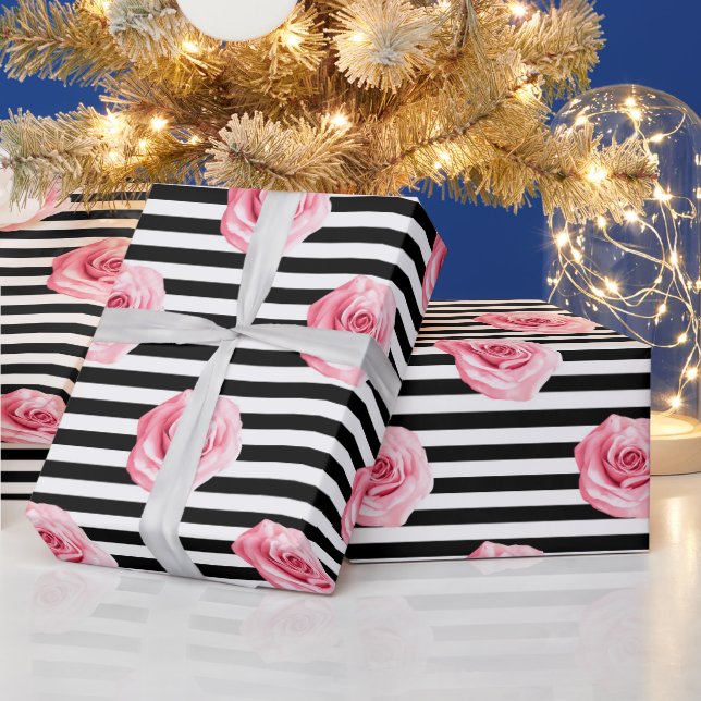 Elegantes Shabby Chic Rosa Rosen und Streifen Geschenkpapier (Feiertage)