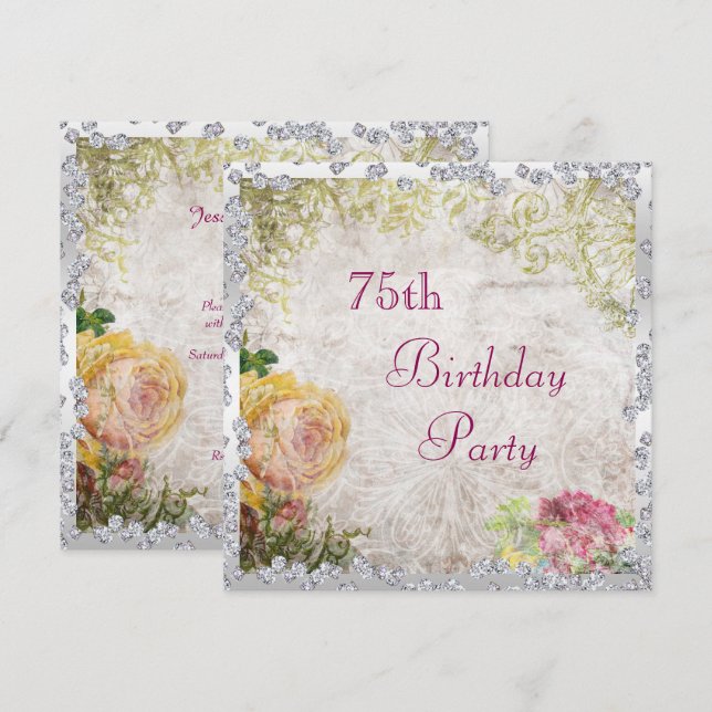 Elegantes Shabby Chic Rose & Diamonds 75. Geburtst Einladung (Vorne/Hinten)