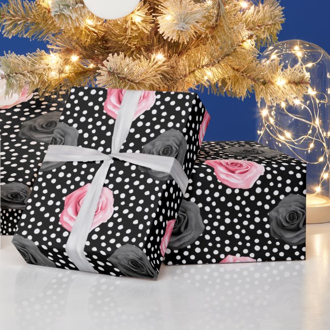 Elegantes Shabby Chic Rosen und Polka Dots Geschenkpapier (Feiertage)