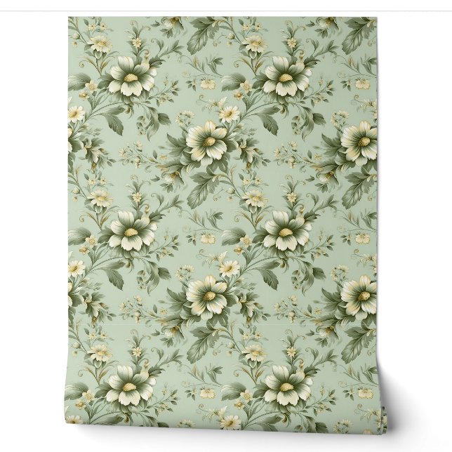 Elegantes Shabby Chic sage grün weiße Blume Tapete (Abrollen)
