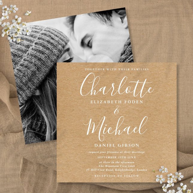 Elegantes Signature Rustic Kraft Wedding Foto Einladung (Elegant Signature Rustic Kraft Wedding Photo Invitation)