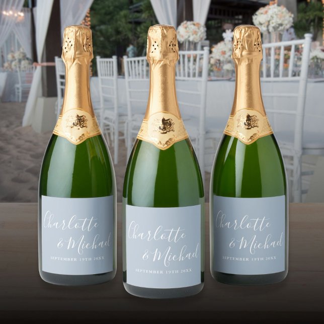 Elegantes Signature Script Dusty Blue Wedding (Elegant Signature Script Dusty Blue Wedding Sparkling Wine Label)