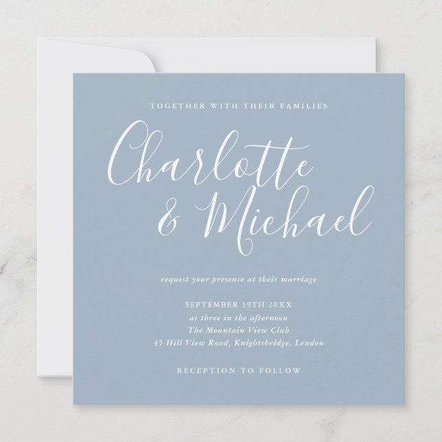 Elegantes Signature Script Dusty Blue Wedding Einladung (Vorderseite)