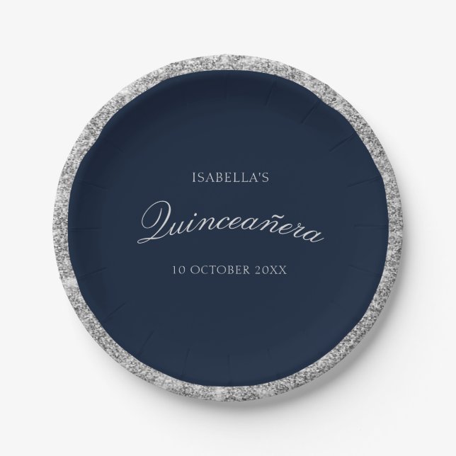 Elegantes Silber & Marine Quinceanera  Pappteller (Vorderseite)