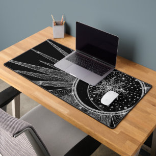 Elegantes Silber-Sonne-Mond-Mandala-Schwarz-Design Schreibtischunterlage