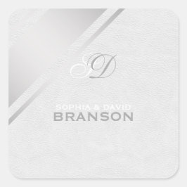 Elegantes Silber Streifen Weißleder Monogramm Quadratischer Aufkleber