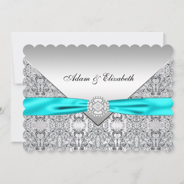Elegantes Silber und Aquamarines Blue Lace Wedding Einladung (Vorderseite)