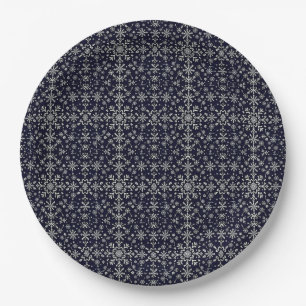 Elegantes Silber- und Blau-Schneeflockenmuster Pappteller