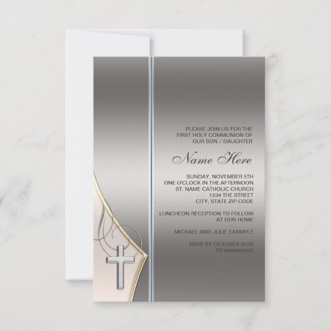 Elegantes Silber und Gold Erstkommunion Einladung (Vorderseite)