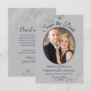 Elegantes Silber und Marineblau auf grauer Foto-Ho Save The Date