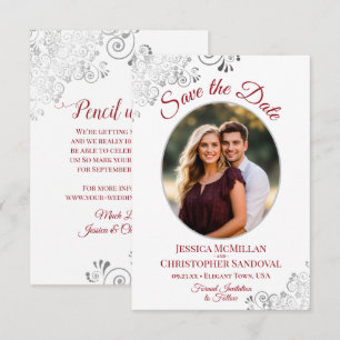 Elegantes Silber und Rot auf Weiß Oval-Foto-Hochze Save The Date