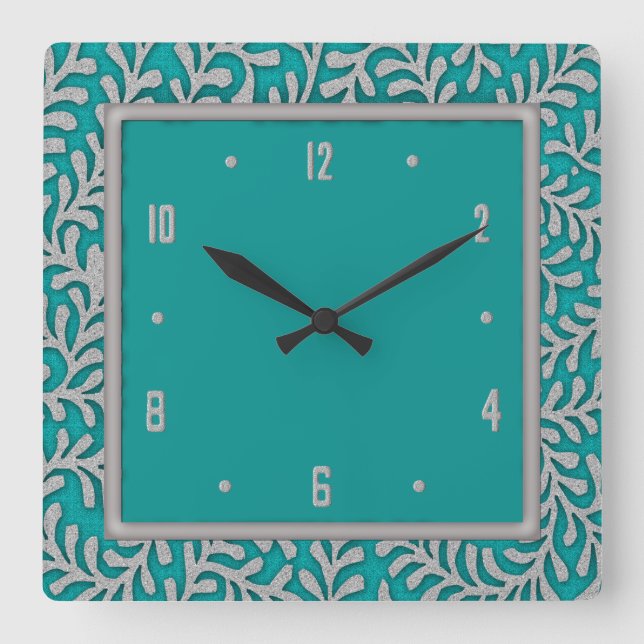 Elegantes Silber verlässt Blumenwand-Uhr Quadratische Wanduhr (Vorderseite)