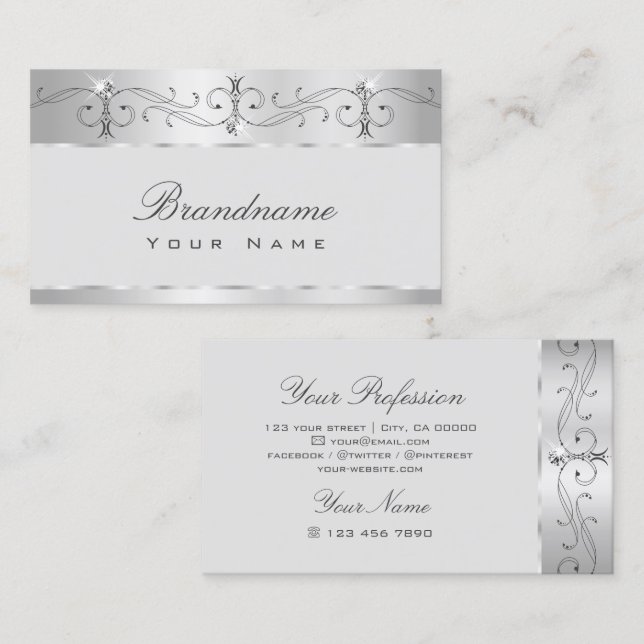Elegantes Silber Verziert Sparkling Diamanten Orna Visitenkarte (Vorne/Hinten)