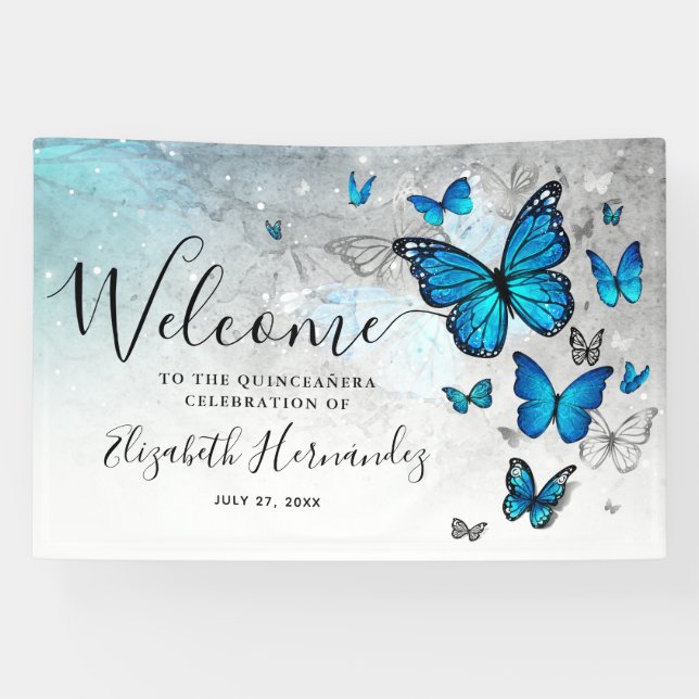 Elegantes Silberblauer Schmetterling Begrüßungs-Pa Banner (Horizontal)