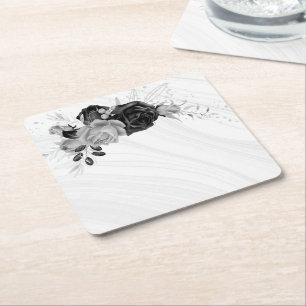elegantes Silbergrau und schwarzes Floral Rechteckiger Pappuntersetzer