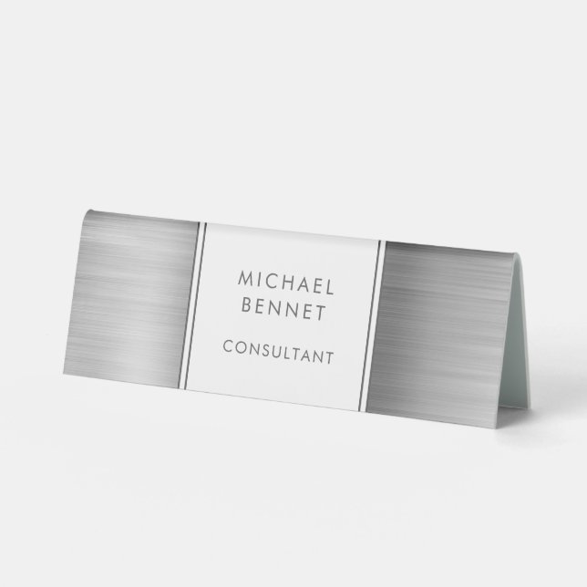 Elegantes silbergraues Metallgeschäft Tischaufsteller (Vorderseite)