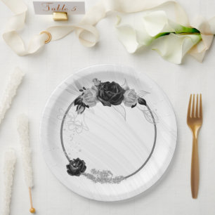 elegantes silbergraues und schwarzes Blumenmuster Pappteller