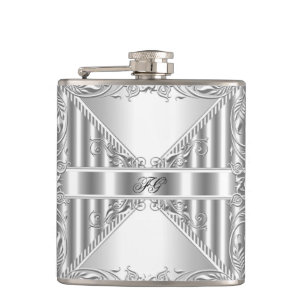 Elegantes silbernes Blumen-Metall-Monogramm-Name Flachmann