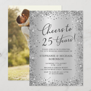 Elegantes silbernes Glitter-Foto zur 25. Hochzeits Einladung