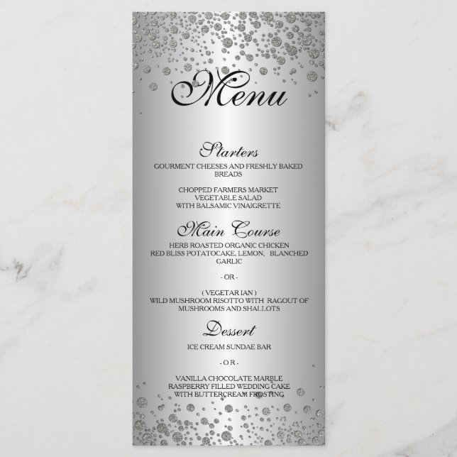 Elegantes, silbernes Hochzeitmenü Menükarte (Vorderseite)