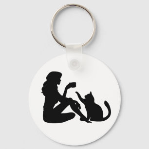 Elegantes Silhouette Art Girl mit einem KatzenSchl Schlüsselanhänger