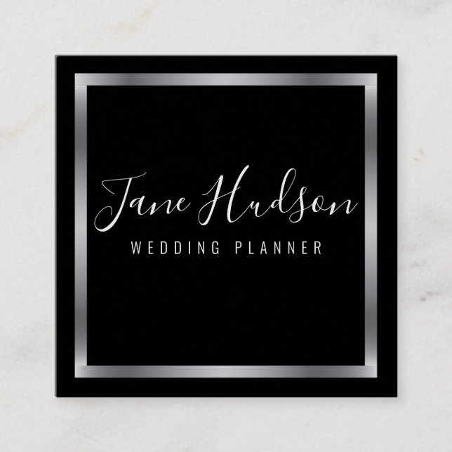 Elegantes Silve Black Minimalistisch Editable Quadratische Visitenkarte (Vorderseite)