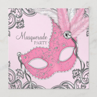 Elegantes Silver and Pink Masquerade Party Einladung