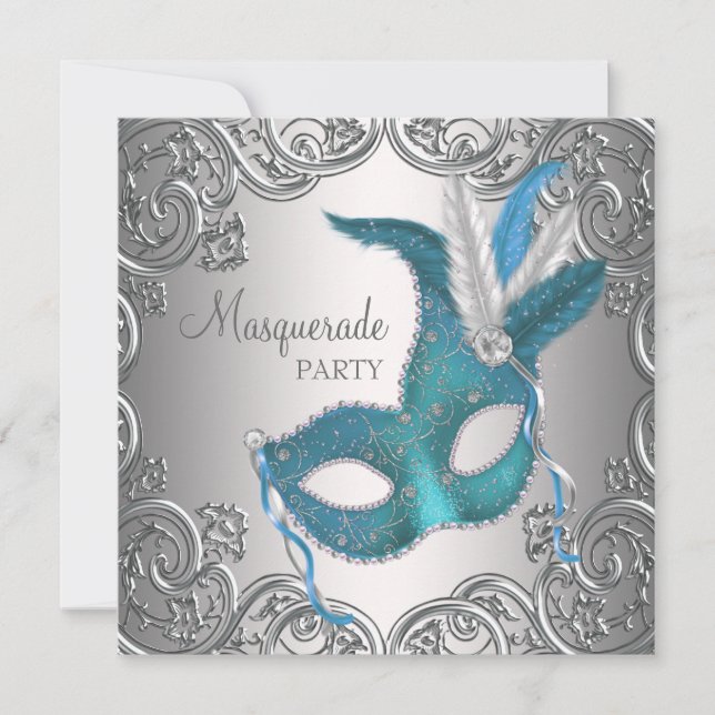 Elegantes Silver Aquamarin Blue Masquerade Party Einladung (Vorderseite)