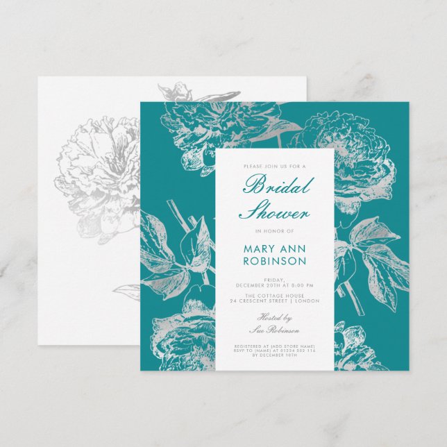 Elegantes Silver Aquamarin Brautparty Party floral Einladung (Vorne/Hinten)