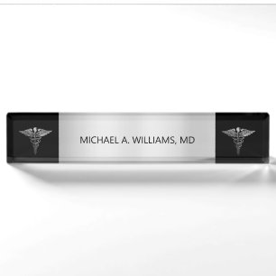 Elegantes Silver auf Black Caduceus Medical Doctor Namensplakette