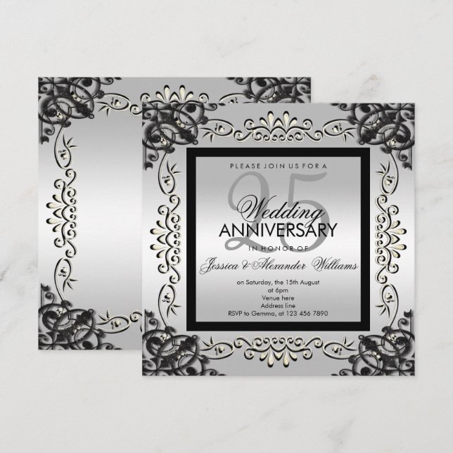 Elegantes Silver & Black 25. Hochzeitstag Einladung (Vorne/Hinten)