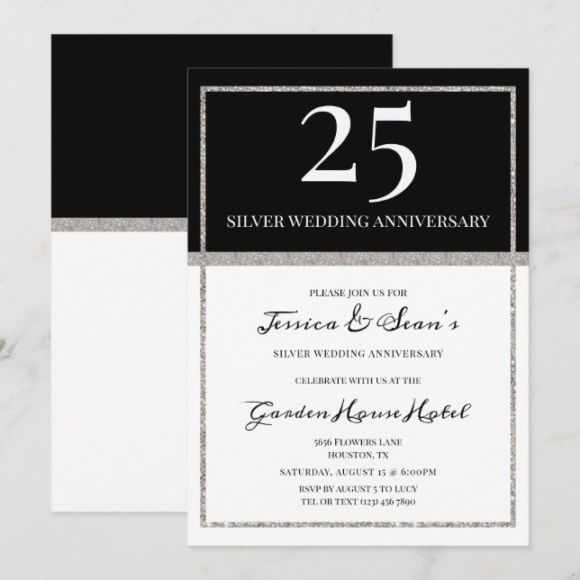 Elegantes Silver & Black 25. Hochzeitstag Einladung (Vorne/Hinten)