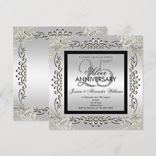 Elegantes Silver & Black 25. Hochzeitstag Einladung (Vorne/Hinten)