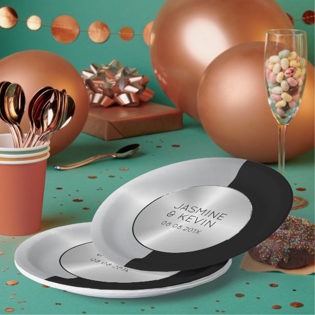 Elegantes Silver & Black Geometric Design Pappteller (Multi)