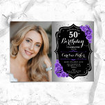 Elegantes Silver Black Lila Foto 50. Geburtstag Einladung<br><div class="desc">Elegante florale feminine 50. Geburtstagseinladung mit Ihrem Foto. Glam-Design mit Imitaten Silber. Enthält lila Rose,  Skript-Schriftart und Konfetti. Ideal für ein stilvolles Party für Erwachsene. Personalisieren Sie Ihre persönlichen Daten. Kann für jedes Alter angepasst werden! Gedruckte Zazzle Einladungen oder Sofortdownload digitalen druckbaren Vorlage.</div>