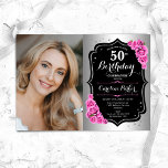Elegantes Silver Black Pink Foto 50. Geburtstag Einladung<br><div class="desc">Elegante florale feminine 50. Geburtstagseinladung mit Ihrem Foto. Glam-Design mit Imitaten Silber. Enthält rosa Rosen,  Skript-Schriftart und Konfetti. Ideal für ein stilvolles Party für Erwachsene. Personalisieren Sie Ihre persönlichen Daten. Kann für jedes Alter angepasst werden! Gedruckte Zazzle Einladungen oder Sofortdownload digitalen druckbaren Vorlage.</div>