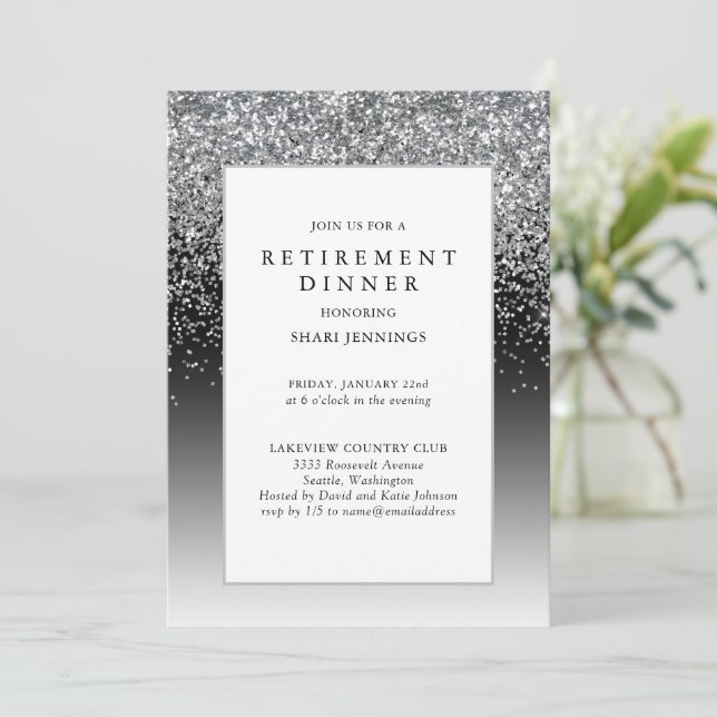 Elegantes Silver Black Retirement-Party Einladung (Stehend Vorderseite)