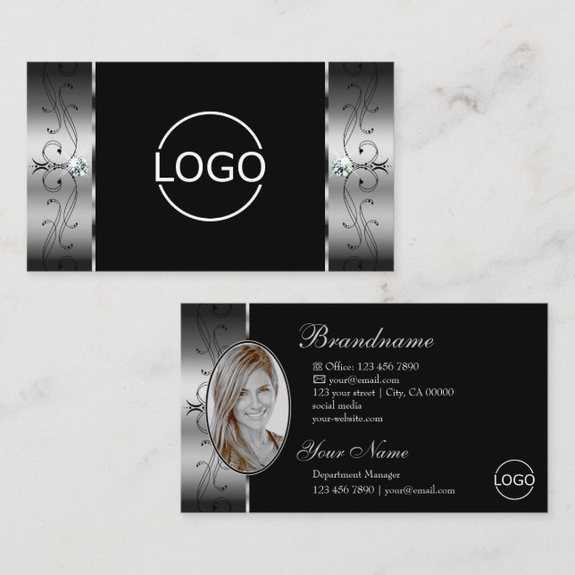 Elegantes Silver Black Squiggled Jewels Logo & Fot Visitenkarte (Vorne/Hinten)