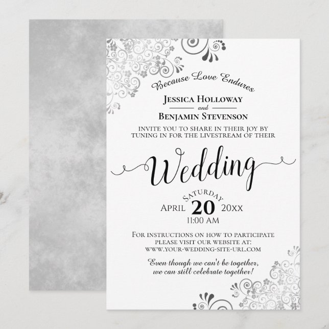 Elegantes Silver, Black & White Wedding Livestream Einladung (Vorne/Hinten)