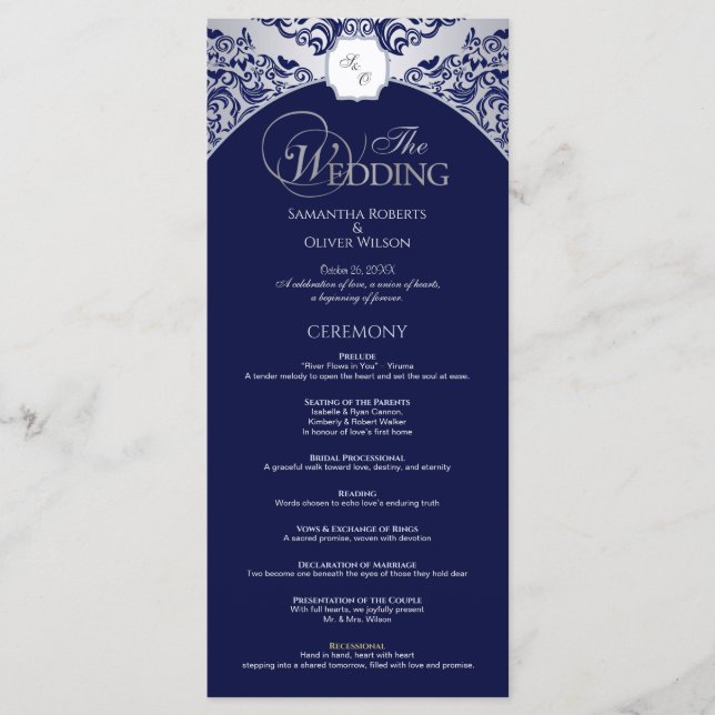 Elegantes Silver Blue Monogram Wedding Program Programm (Vorderseite)