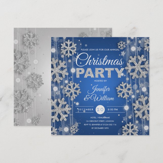 Elegantes Silver Blue Winter Glam Weihnachts-Party Einladung (Vorne/Hinten)